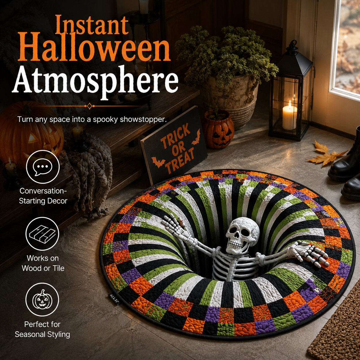 Halloween 3D bottomless illusion rug in home decor scene