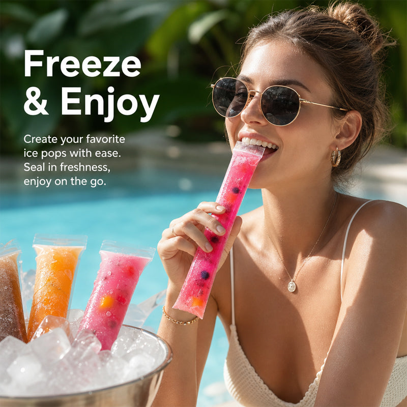 Disposable Ice Pop Bags – DIY Homemade Popsicle Mold Bags with Self-Sealing Design for Juice, Fruit, Yogurt & Summer Frozen Treats
