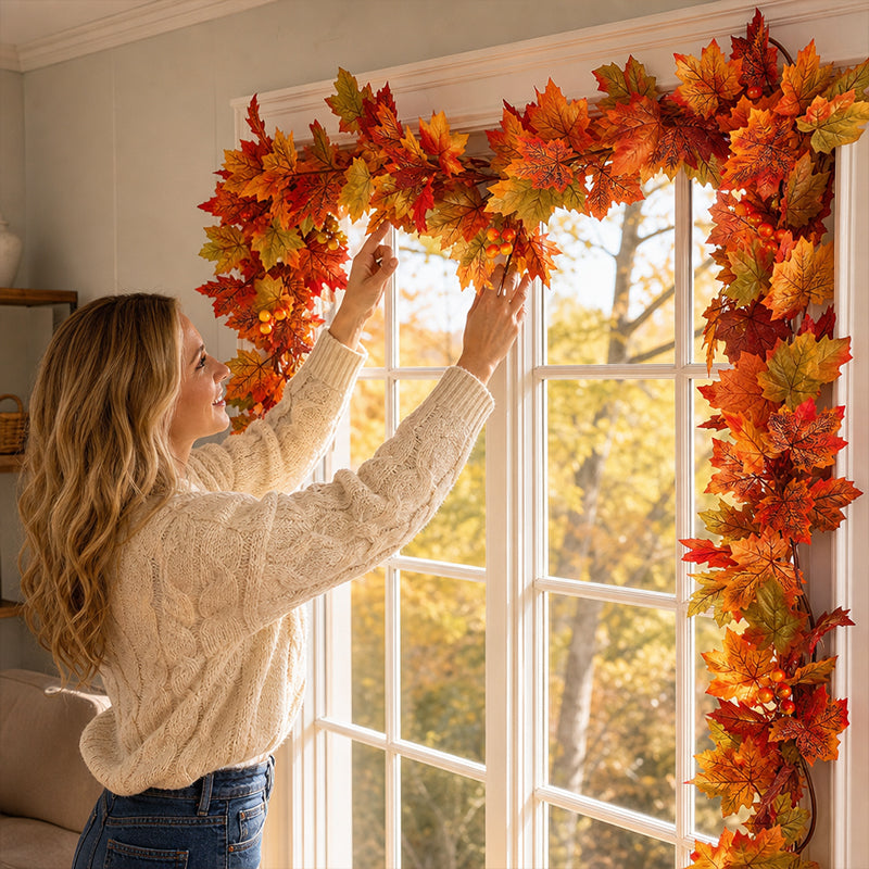 🍁Autumn Maple Leaf Garland Decoration Set – Fall Leaves Garland for Fireplace Mantel, Staircase, Door Frame, Table & Thanksgiving Decor