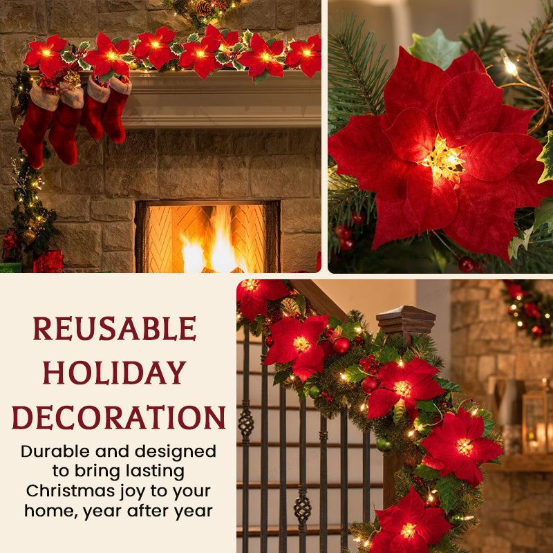 Poinsettia LED Christmas Garland – Battery-Powered Festive Flower Fairy Lights for Mantelpiece, Staircase, Doorway & Cosy Home Decor