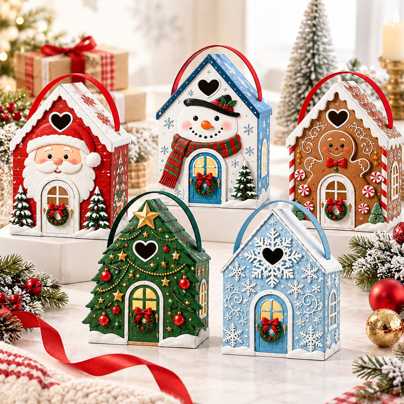 Christmas Cottage Gift Box with Handle – Festive House-Shaped Holiday Packaging