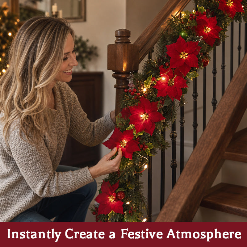 Poinsettia LED Christmas Garland – Battery-Powered Festive Flower Fairy Lights for Mantelpiece, Staircase, Doorway & Cosy Home Decor