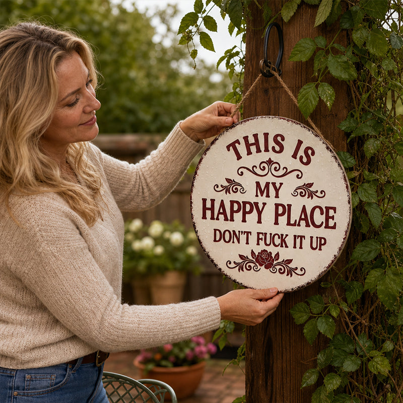 “This Is My Happy Place” Funny Round Metal Sign – Vintage Garden, Patio, Porch & Backyard Wall Decor Gift