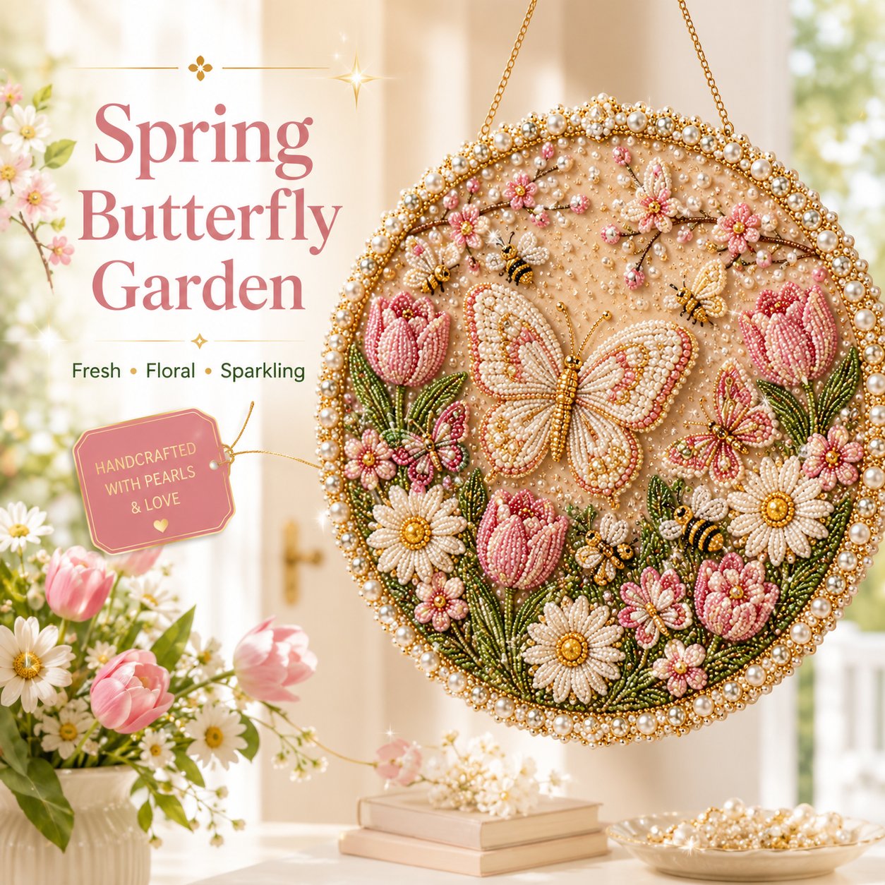 Spring butterfly pearl art hanging wreath design