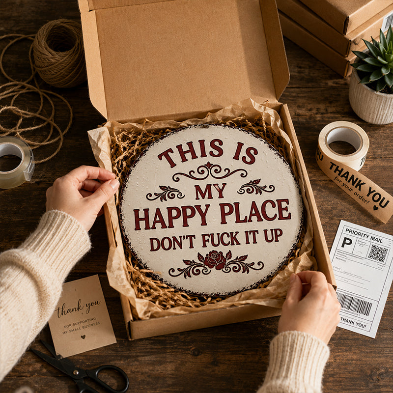 “This Is My Happy Place” Funny Round Metal Sign – Vintage Garden, Patio, Porch & Backyard Wall Decor Gift