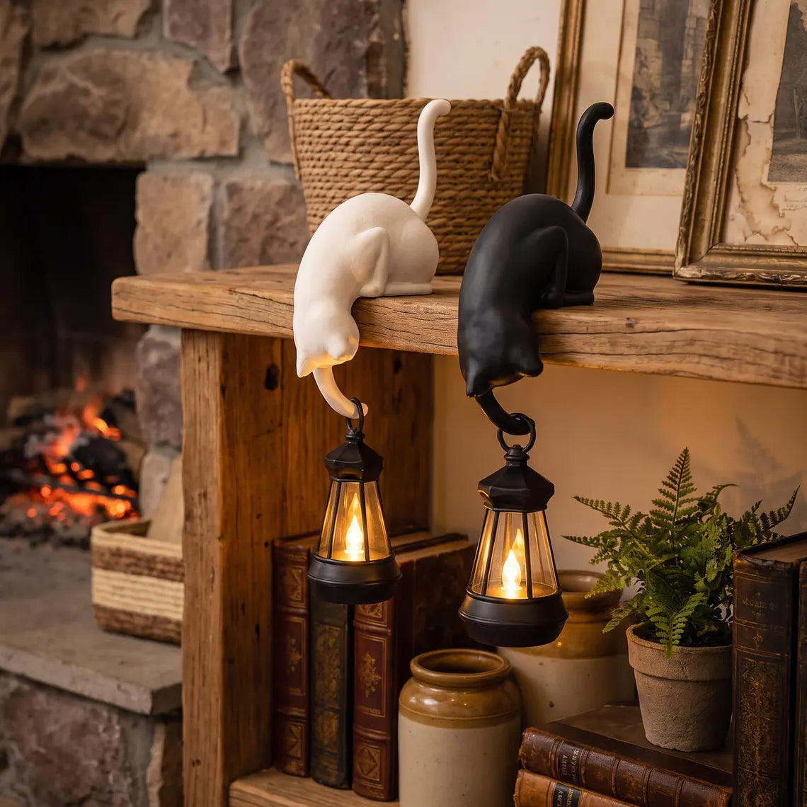 🐈‍Whimsical Cat Shelf Sitter with LED Lantern – Cute Bookshelf Decor & Handy Key Hook