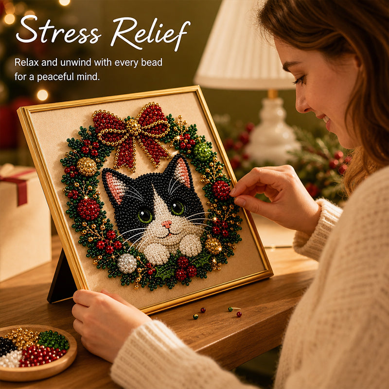 Festive Feline Bead Art Kit – DIY Sparkling Cat Craft Artwork for Holiday Decor, Cat Lovers & Handmade Gifts