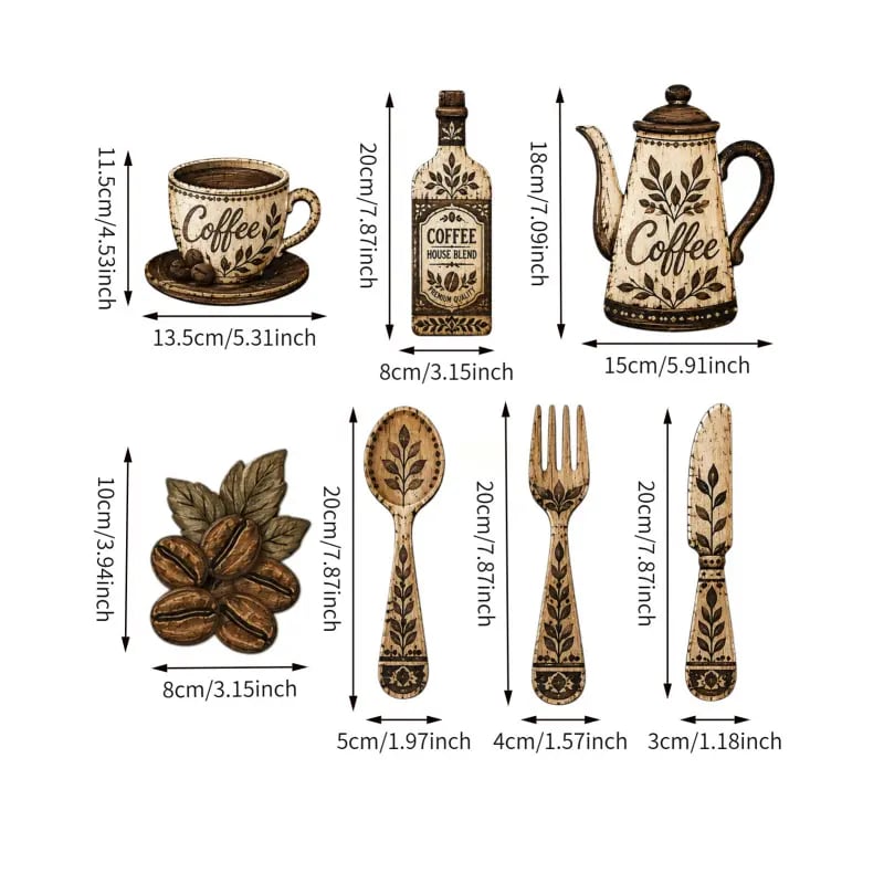 7 piece coffee kitchen wall decor size details