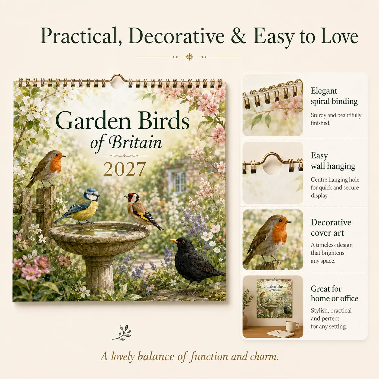 Twelve month Garden Birds of Britain 2027 calendar