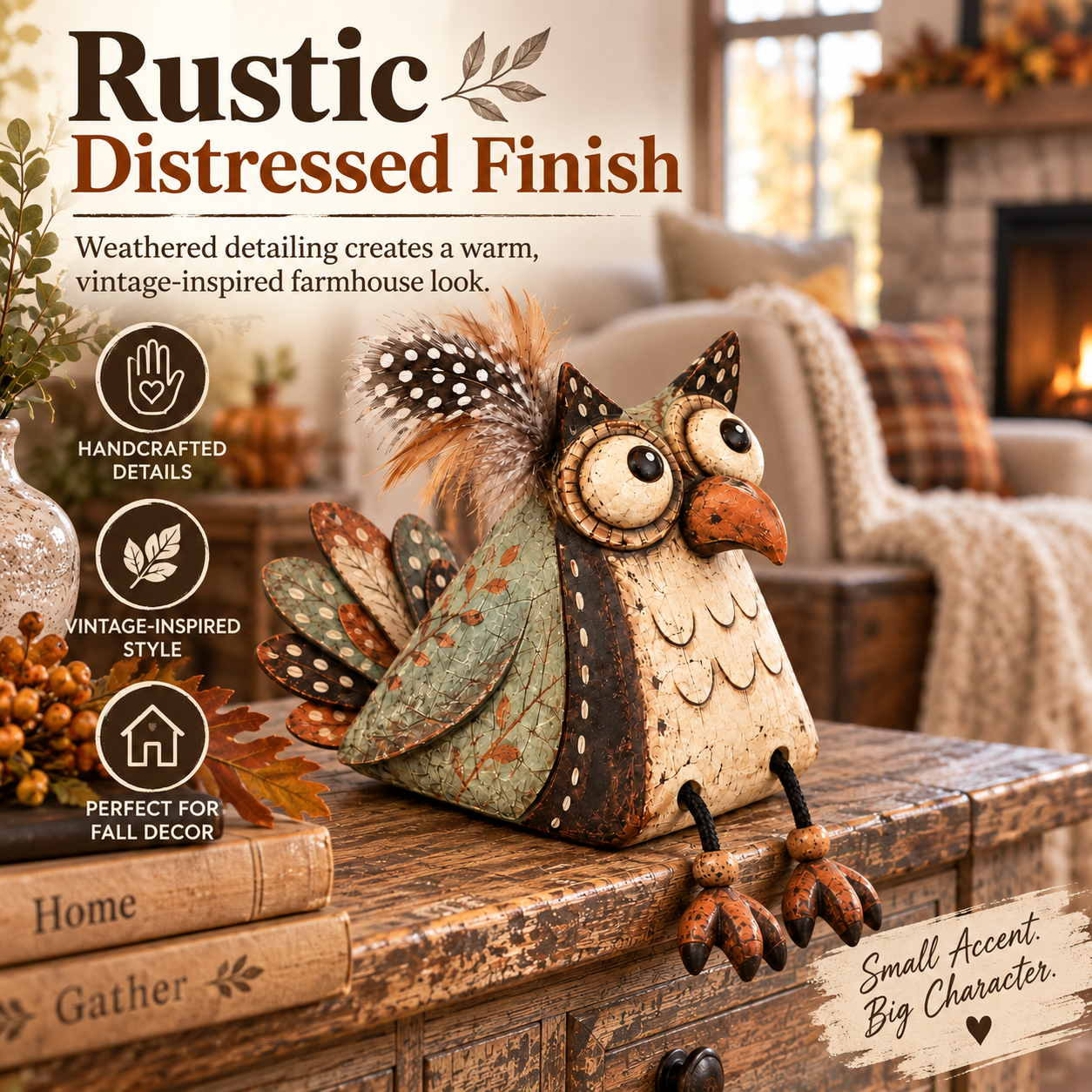 Rustic Owl Shelf Sitter Decor with Dangling Legs