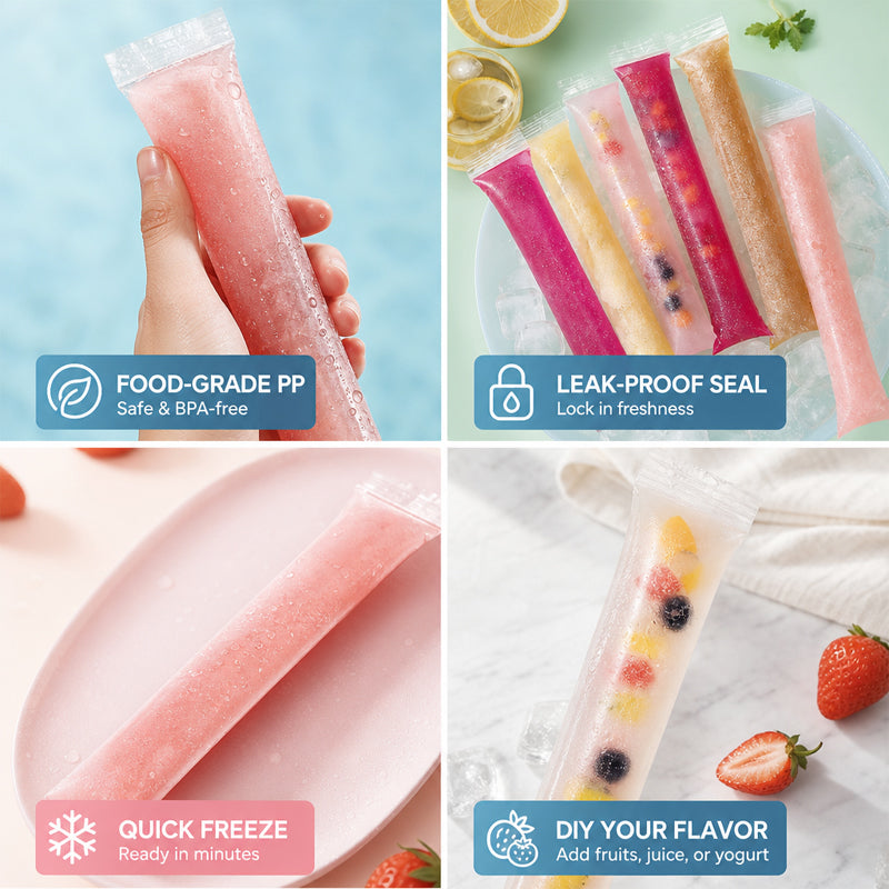 Disposable Ice Pop Bags – DIY Homemade Popsicle Mold Bags with Self-Sealing Design for Juice, Fruit, Yogurt & Summer Frozen Treats