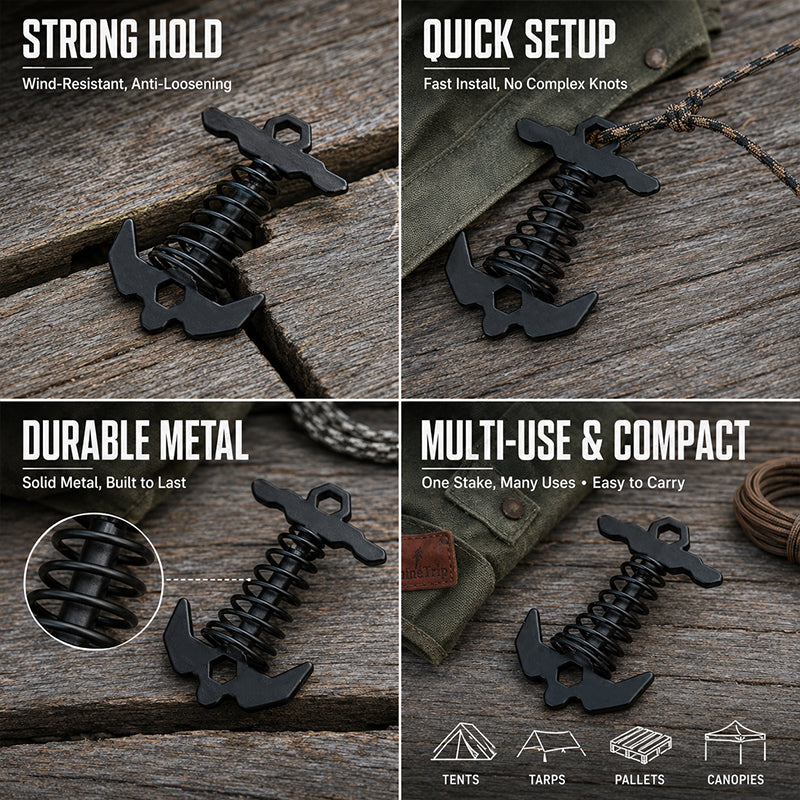 Spring-Loaded Fishbone Tent Peg – Portable Outdoor Anchor Clip for Tents, Tarps, Canopies, Decks & Camping Setups