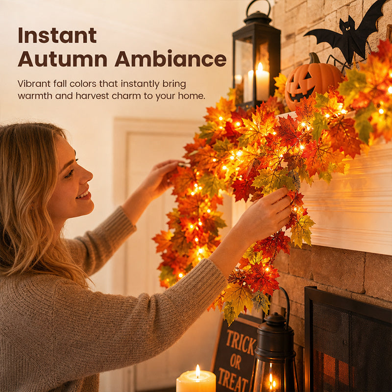 🍁Autumn Maple Leaf Garland Decoration Set – Fall Leaves Garland for Fireplace Mantel, Staircase, Door Frame, Table & Thanksgiving Decor