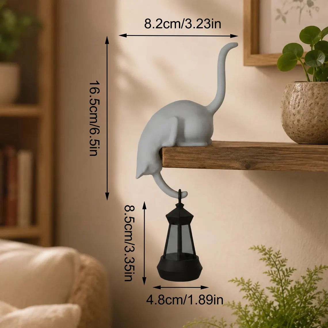 🐈‍Whimsical Cat Shelf Sitter with LED Lantern – Cute Bookshelf Decor & Handy Key Hook