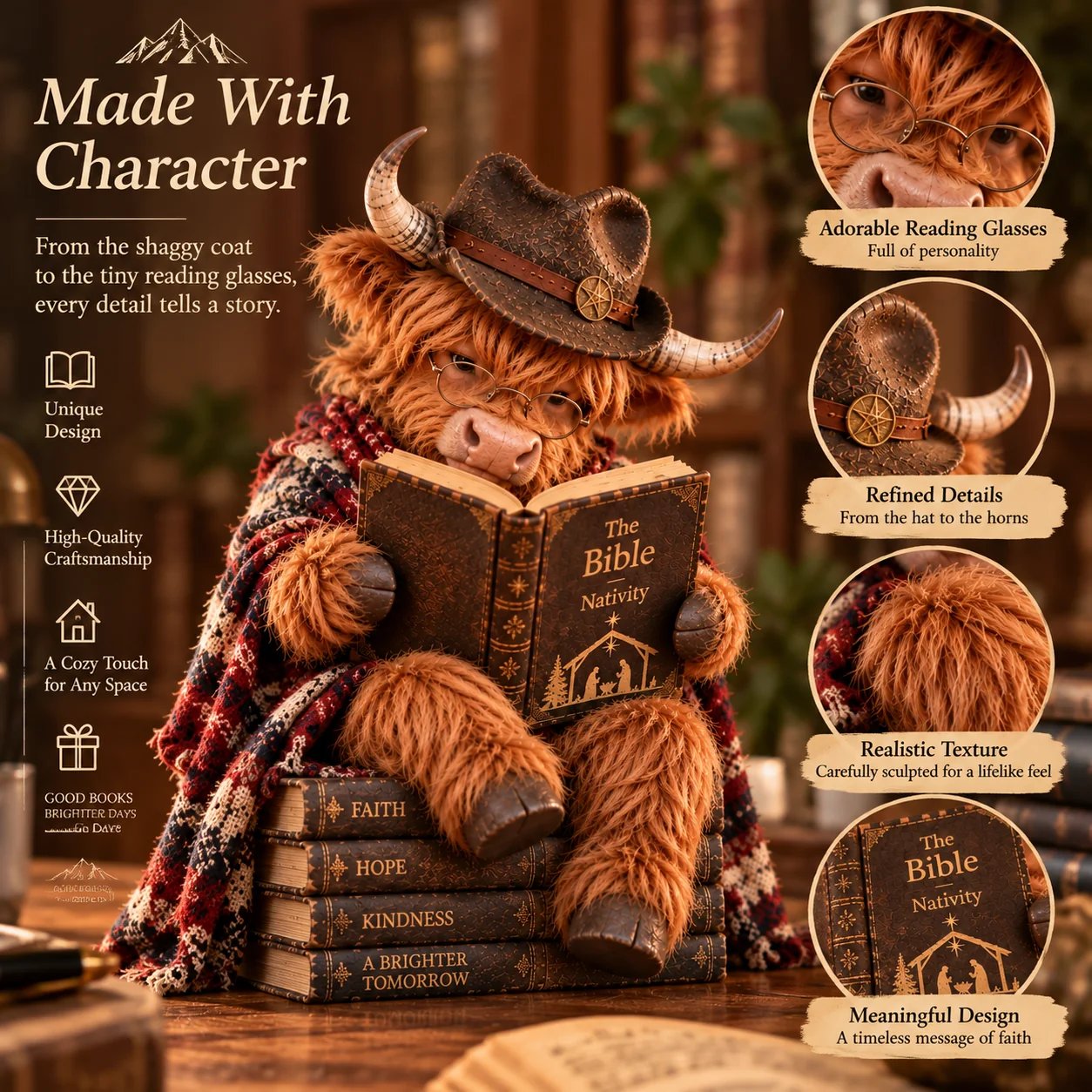 Details van Highland Cow kerstfiguur als lezend figuurtje