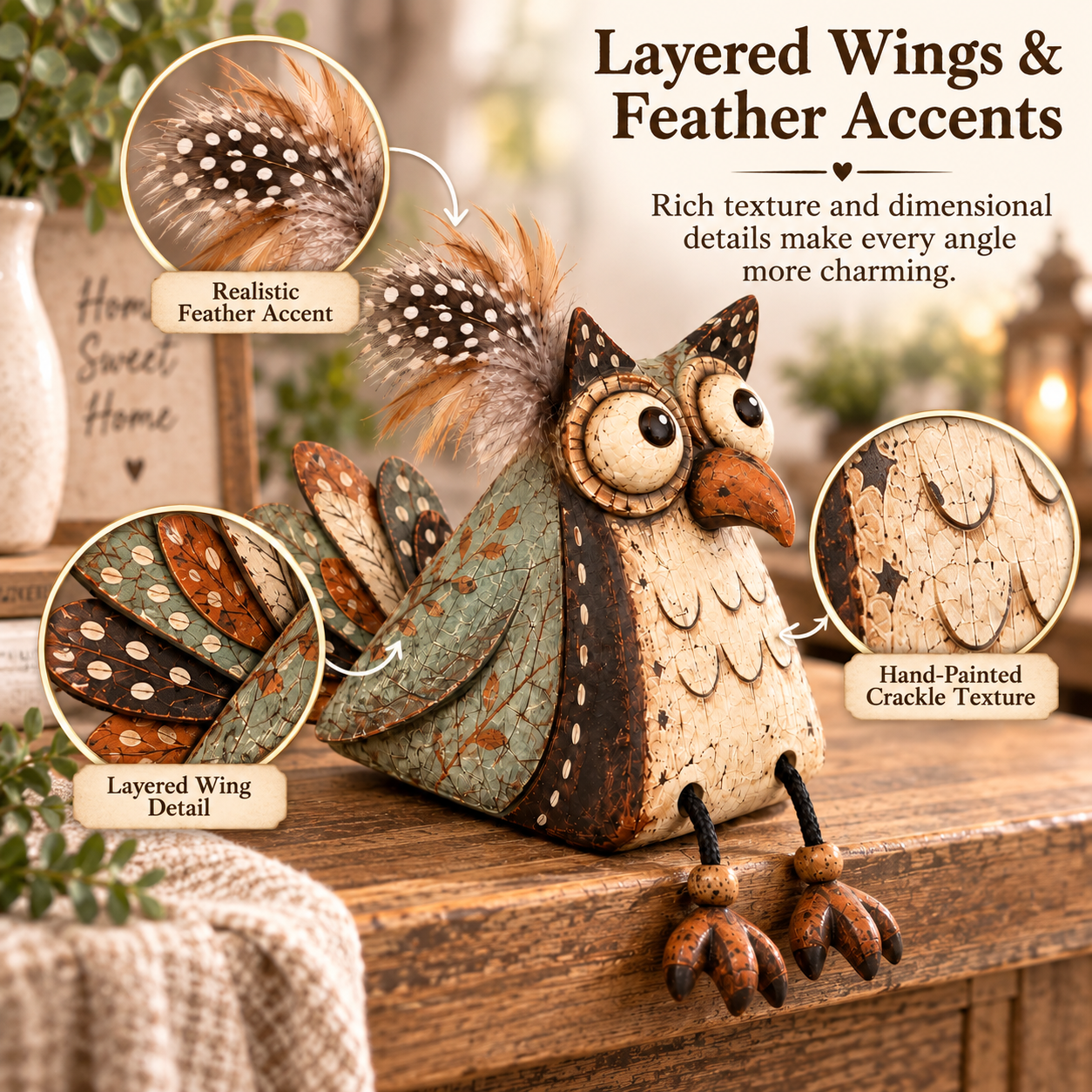 Rustic Owl Shelf Sitter Decor with Dangling Legs