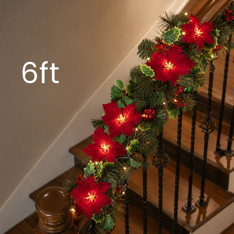 Poinsettia LED Christmas Garland – Battery-Powered Festive Flower Fairy Lights for Mantelpiece, Staircase, Doorway & Cosy Home Decor
