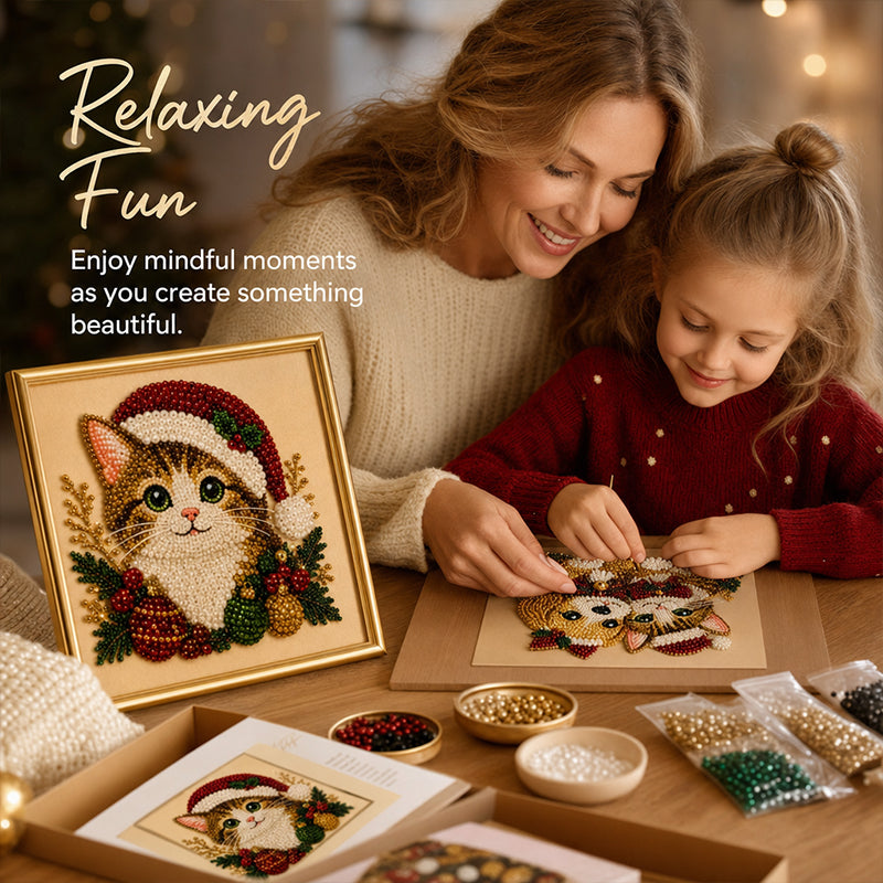 Festive Feline Bead Art Kit – DIY Sparkling Cat Craft Artwork for Holiday Decor, Cat Lovers & Handmade Gifts