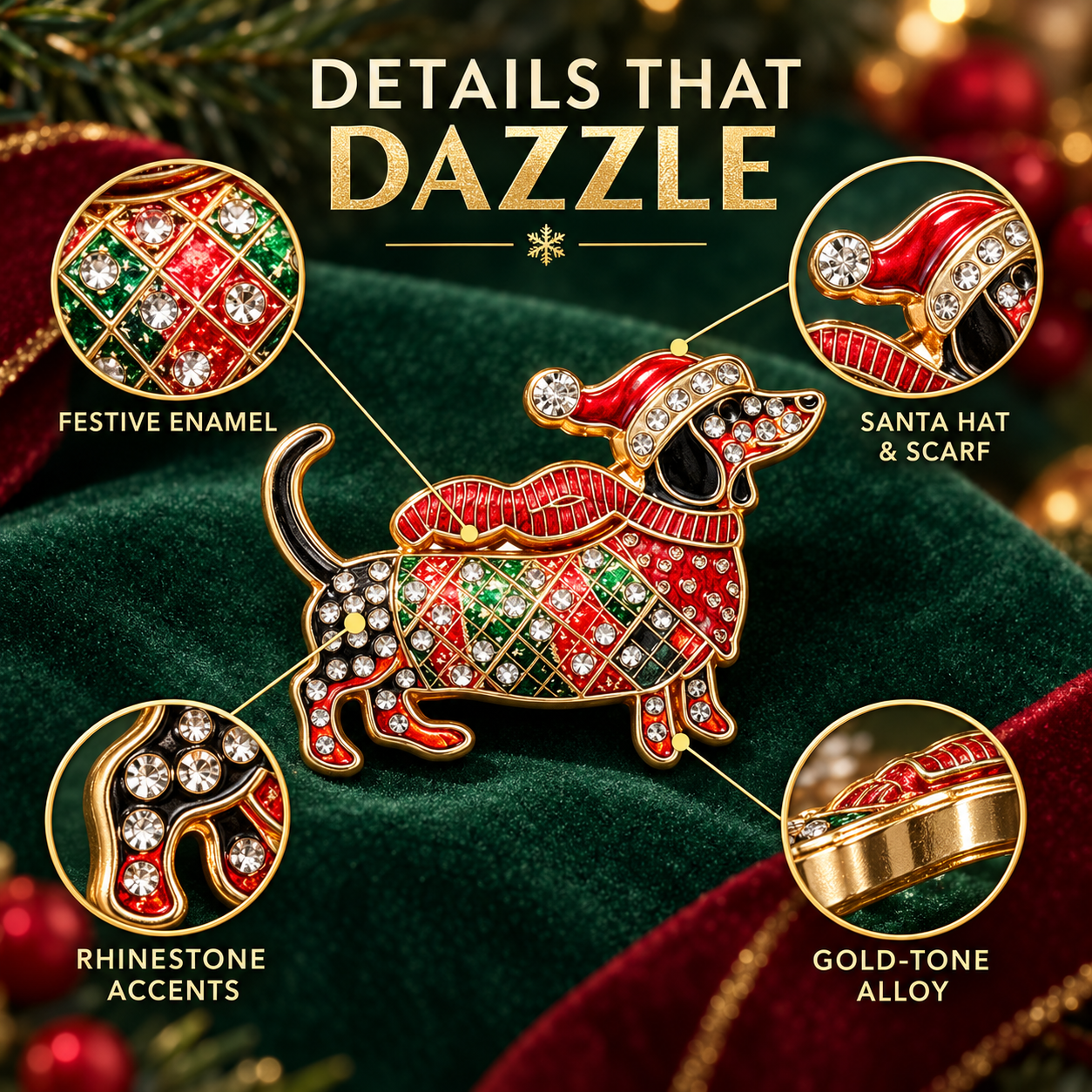 Details van de kerst teckel broche
