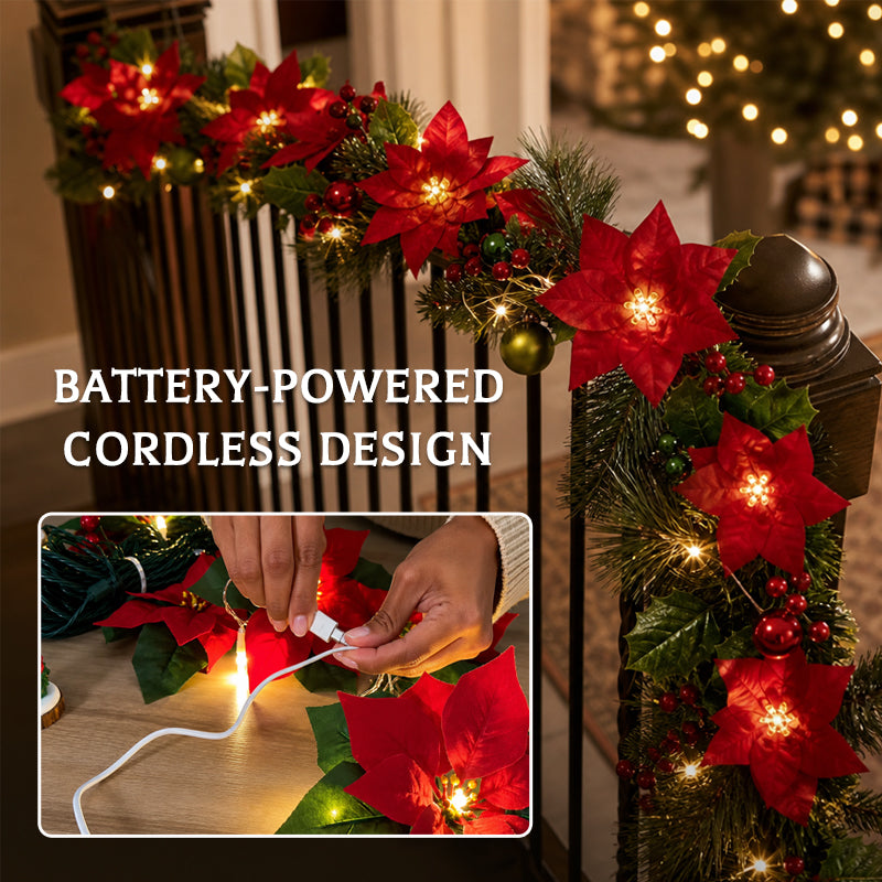 Poinsettia LED Christmas Garland – Battery-Powered Festive Flower Fairy Lights for Mantelpiece, Staircase, Doorway & Cosy Home Decor