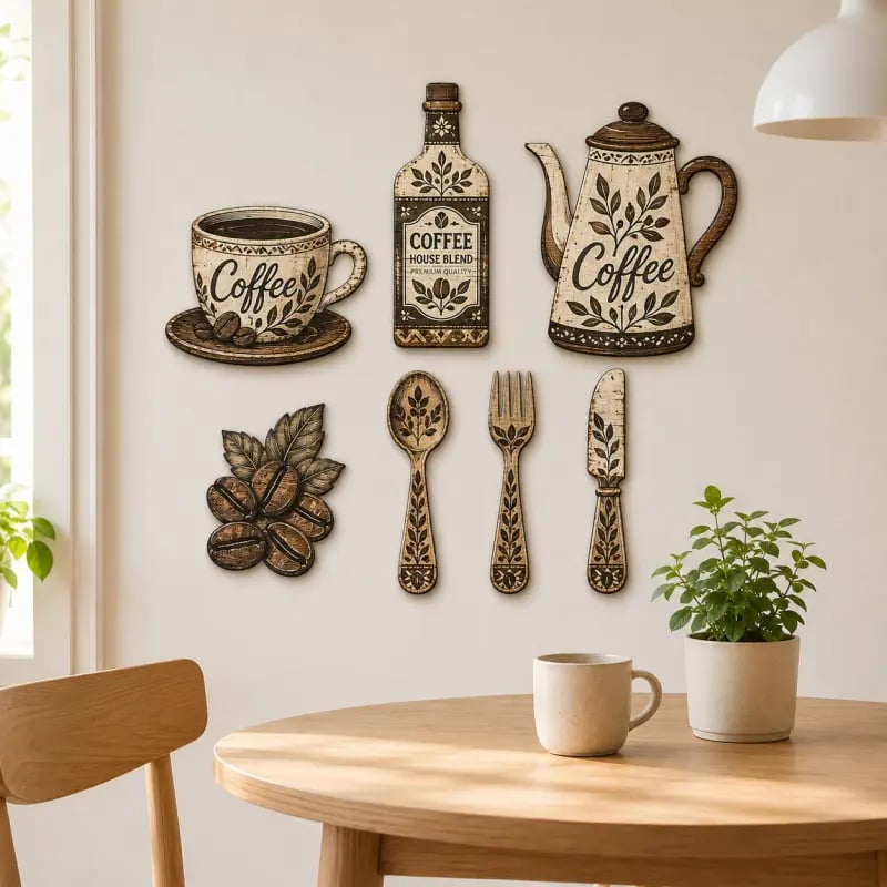 Seven piece wooden coffee wall decor set pieces
