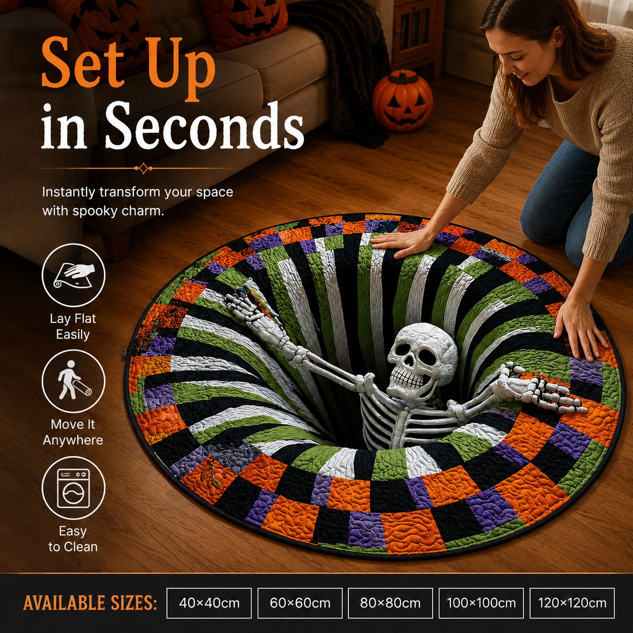 Halloween 3D skeleton rug multiple size options