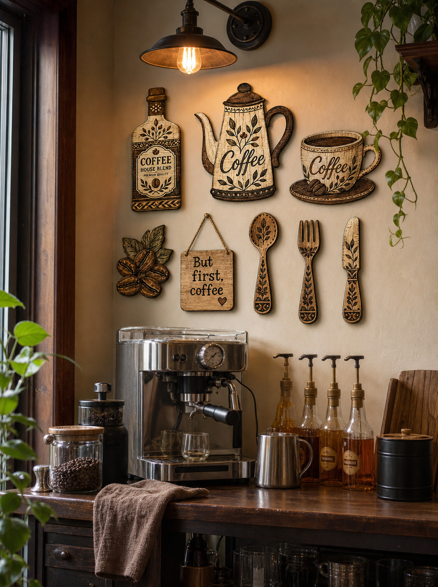 7 piece wooden coffee kitchen wall decor set