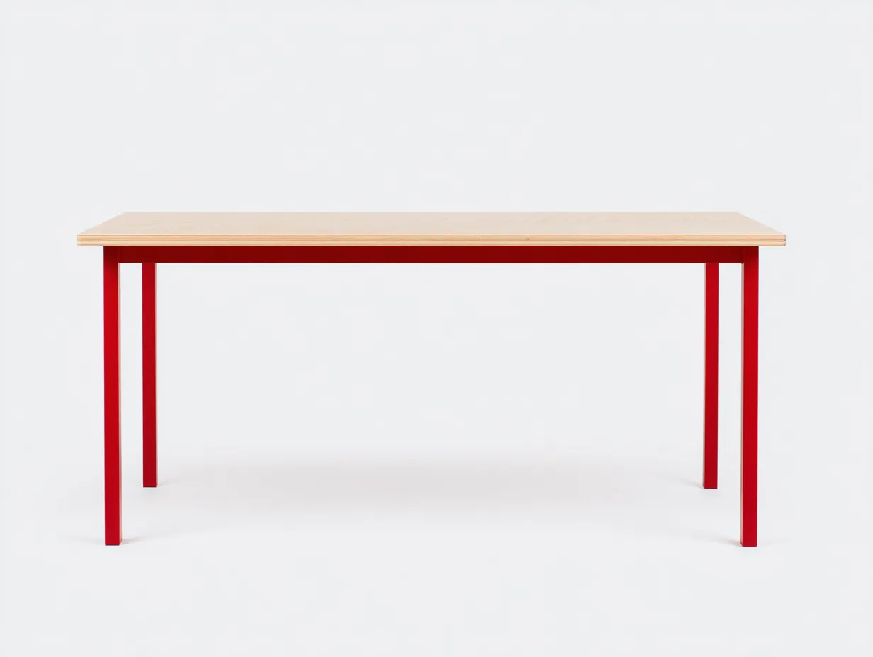 Escritorio de oficina rectangular de madera clara 158x70x75 cm - roble claro y rojo - base metálica de color para oficina-Gavaninest