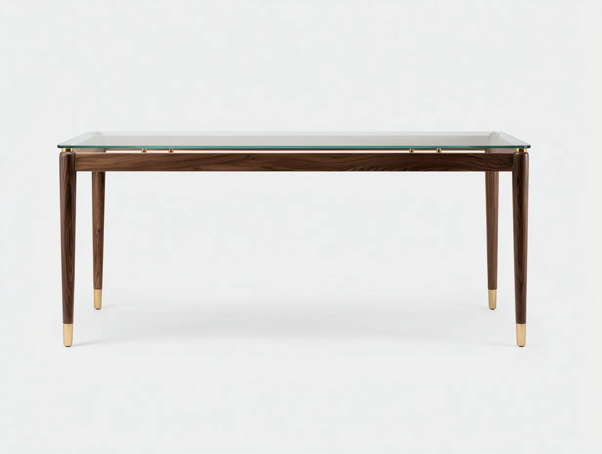 Escritorio de oficina de vidrio y madera 165x75x74 cm - cristal y nogal y dorado - patas cónicas para despacho-Gavaninest