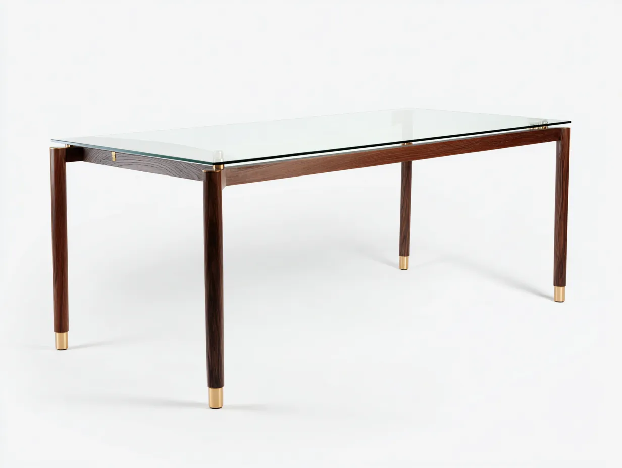 Escritorio de oficina rectangular con tapa de vidrio 180x80x76 cm - cristal y nogal y dorado - estructura estilizada-Gavaninest