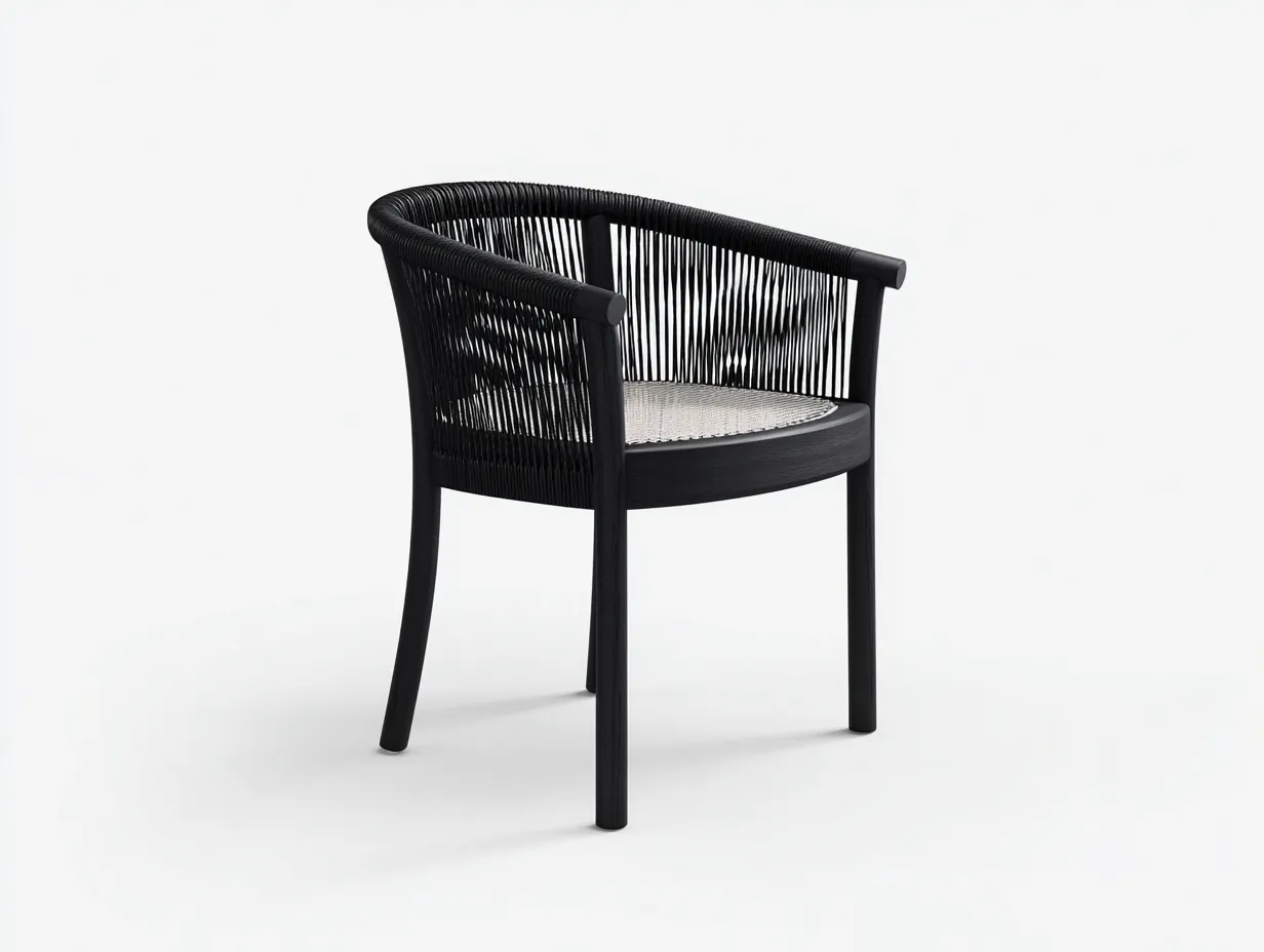 Silla de comedor negra 58x57x76 cm - estructura de madera y respaldo de cuerda - asiento claro tejido-Gavaninest