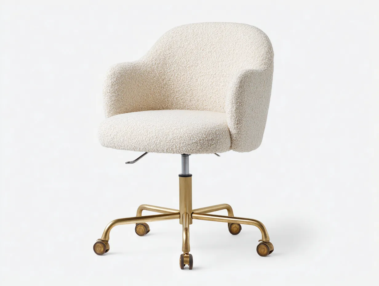 Silla de oficina de tejido bouclé 66x63x88 cm - blanco crema y dorado - asiento envolvente con ruedas-Gavaninest