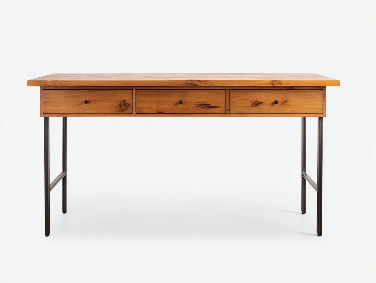 Escritorio de oficina de madera con cajones 150x65x78 cm - madera natural y negro - tiradores redondos para oficina-Gavaninest