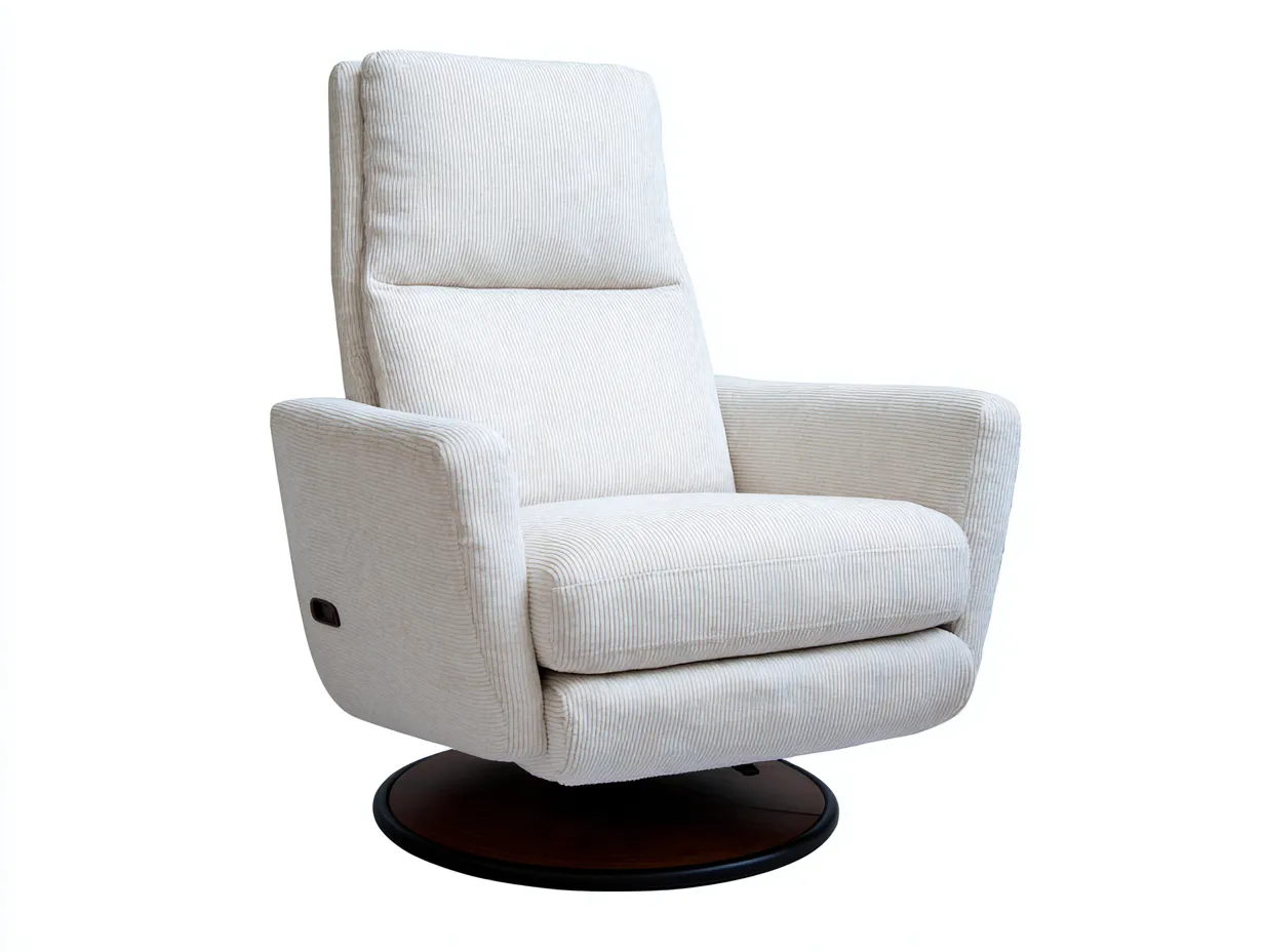 Sillón reclinable tapizado en pana 85x90x108 cm - blanco crema y madera oscura - base giratoria para salón-Gavaninest