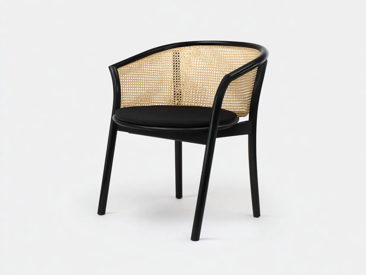 Silla de comedor negra 60x58x77 cm - respaldo de ratán natural y asiento acolchado - estilo curvo-Gavaninest