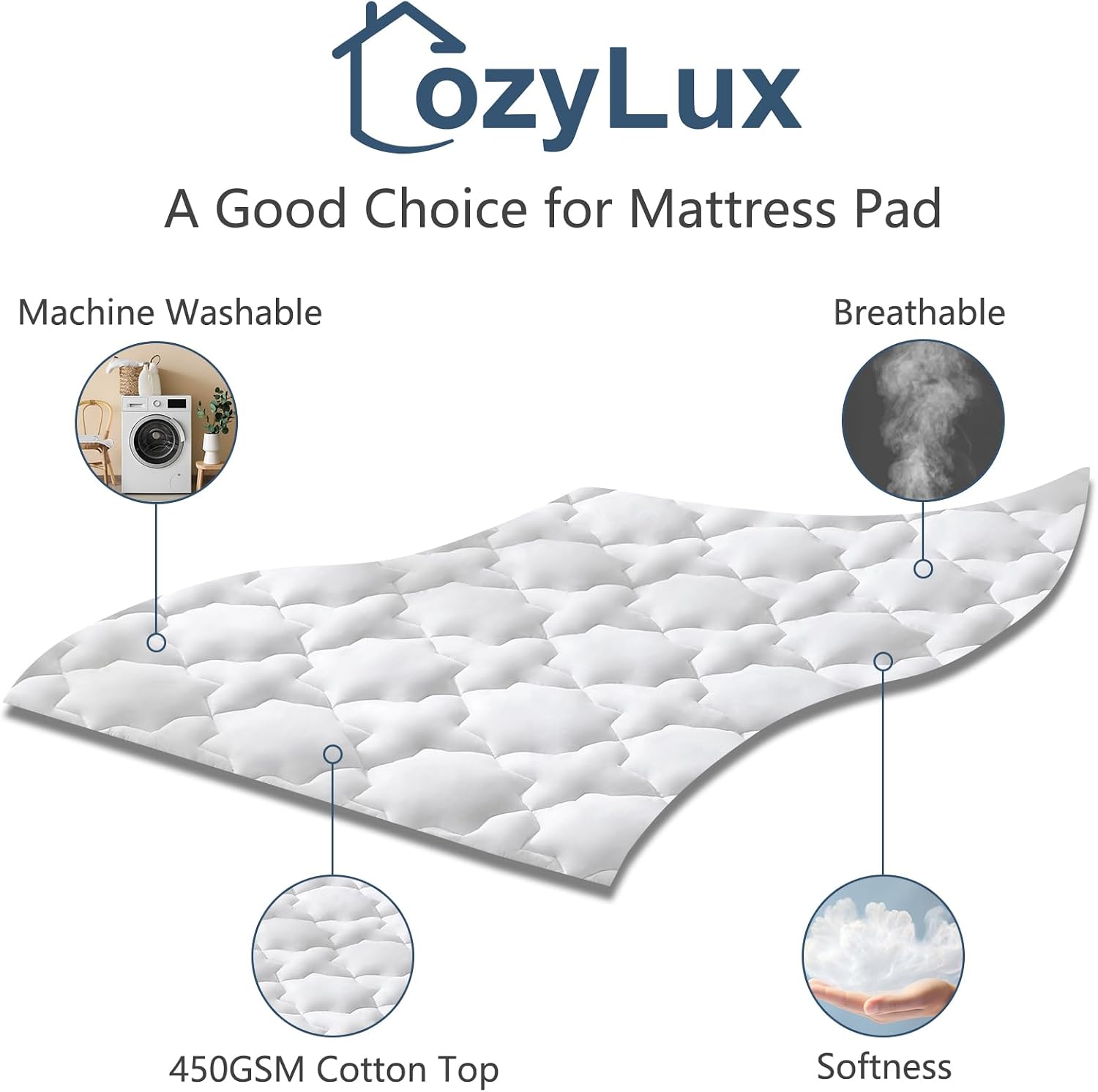Full Size Mattress Pad, 450GSM Quilted Cooling Cotton Top Mattress Topper, Extra Deep Pocket Fits 8-21 inches,  Certified, Plush Soft &amp; Breathable Bed Pad (54"x75", White)
