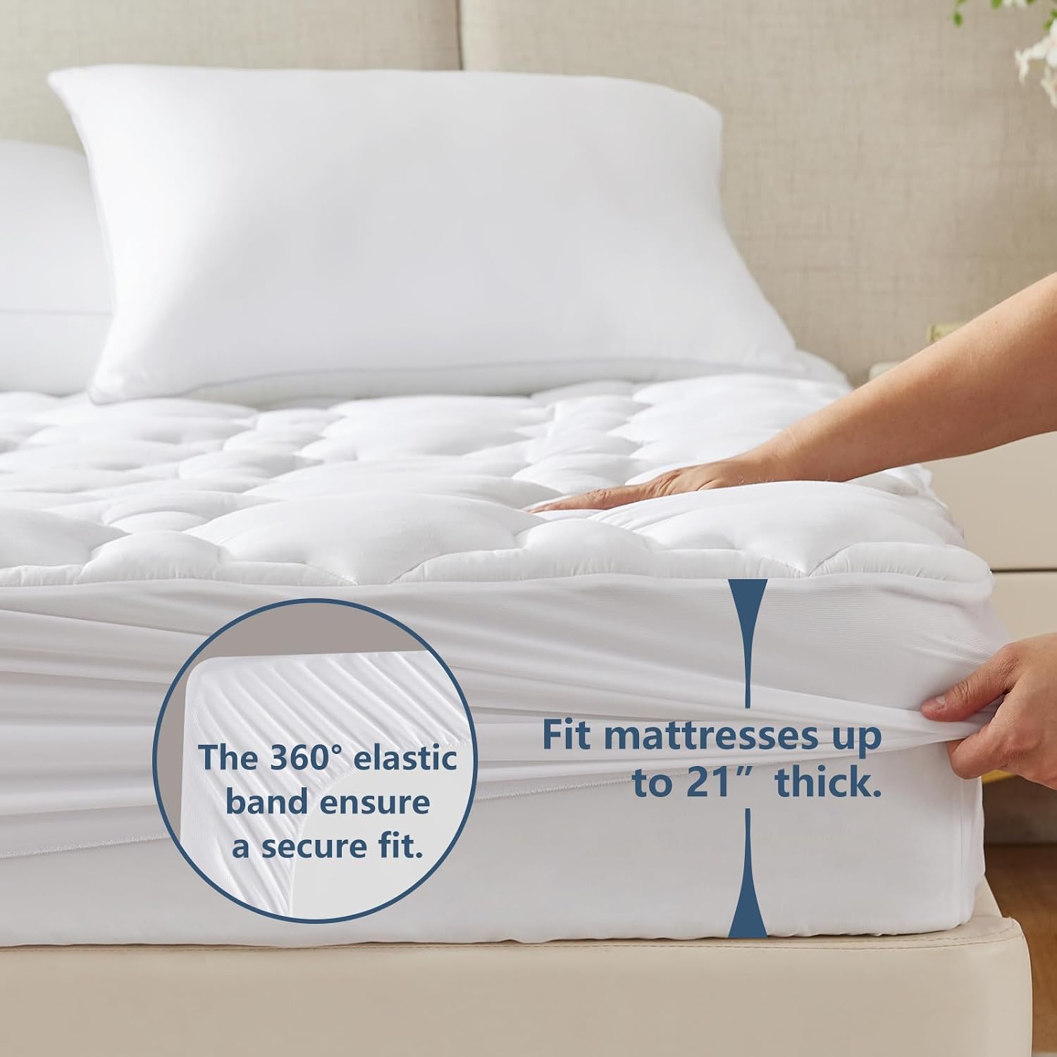 Full Size Mattress Pad, 450GSM Quilted Cooling Cotton Top Mattress Topper, Extra Deep Pocket Fits 8-21 inches,  Certified, Plush Soft &amp; Breathable Bed Pad (54"x75", White)