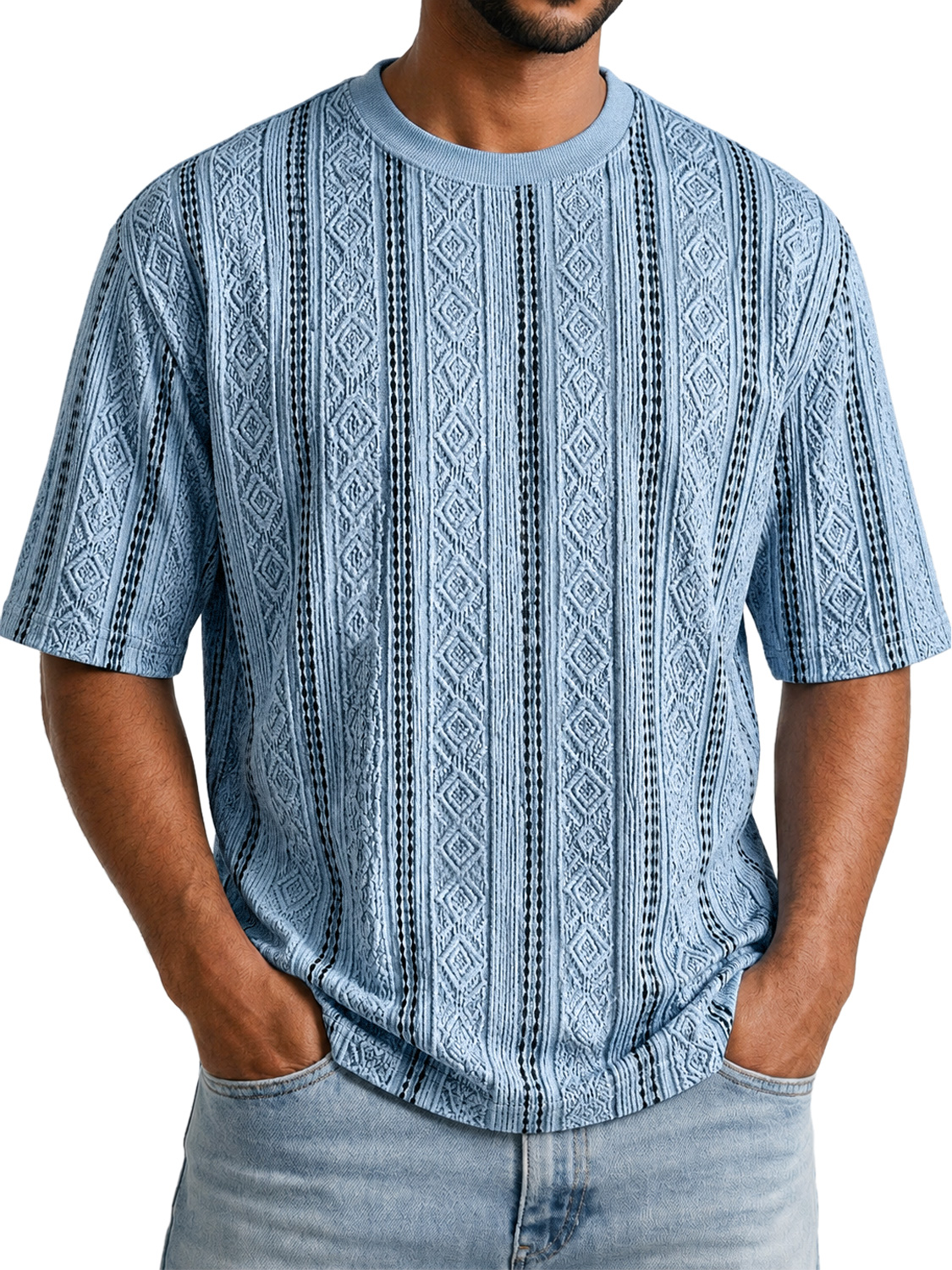 Men's Solid-Color Short-Sleeve Crew-Neck T-Shirt with Jacquard Texture