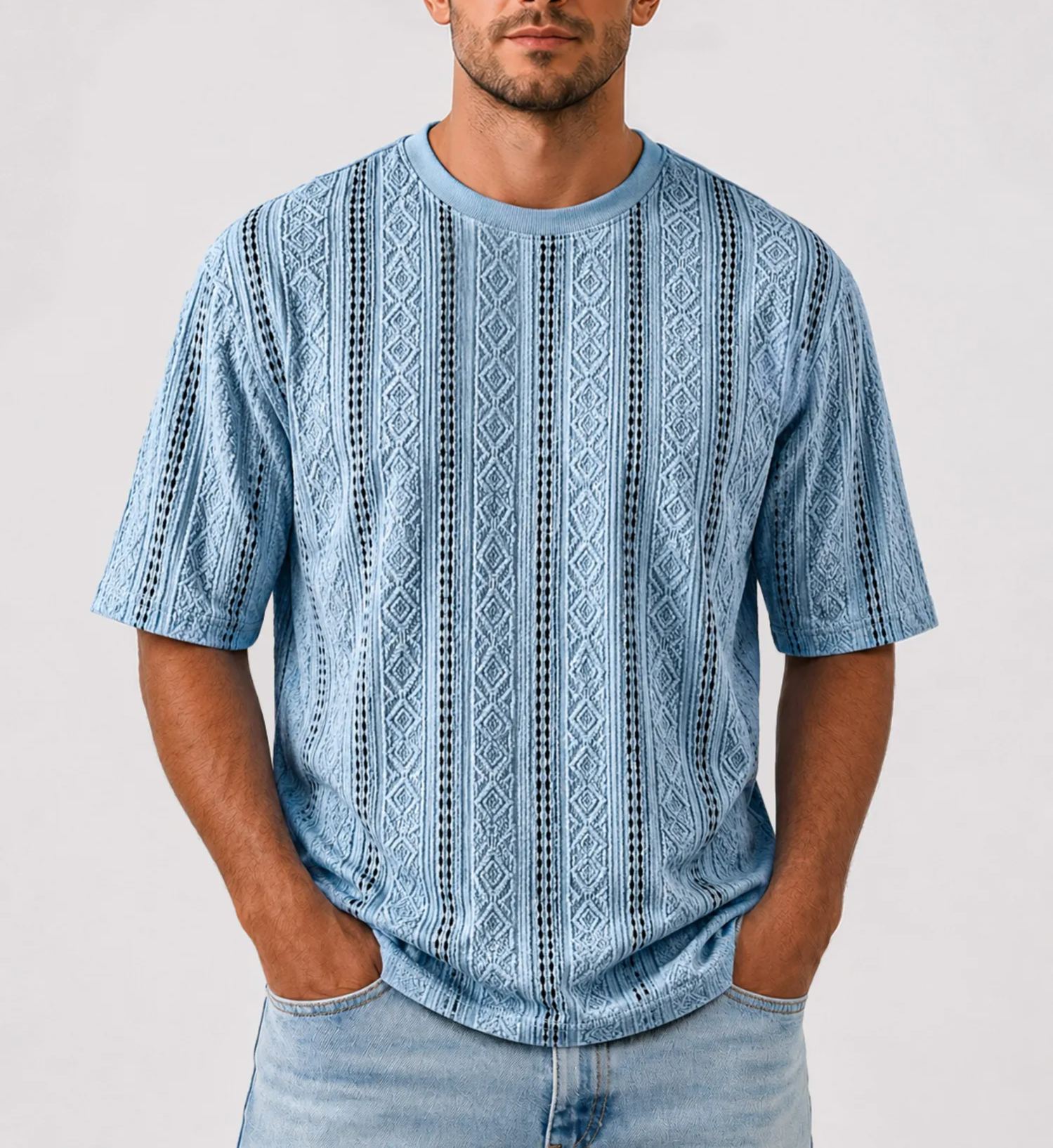Men's Solid-Color Short-Sleeve Crew-Neck T-Shirt with Jacquard Texture