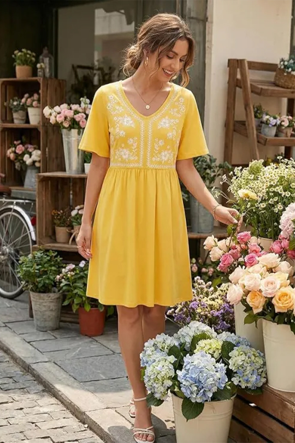 Floral Embroidered V-Neck Short Sleeve Casual A-Line Dress
