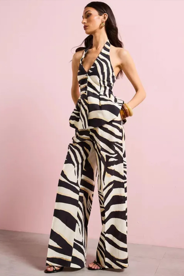 Women’s Zebra Print Halter Top & Wide Leg Pants Set