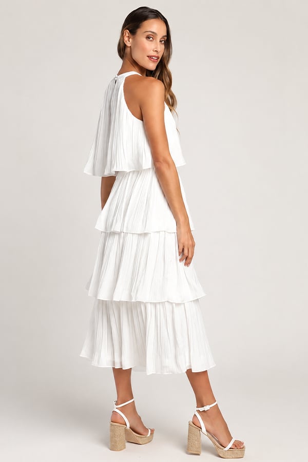 Halter Neck Tiered Pleated Midi Dress