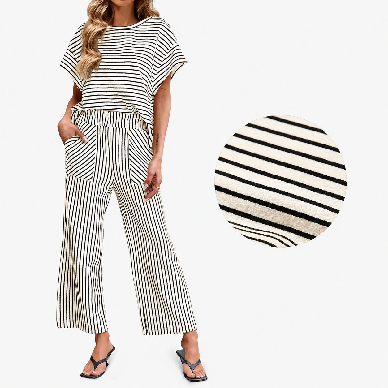 Striped Loungewear Set – Short Sleeve Top & Wide Leg Pants
