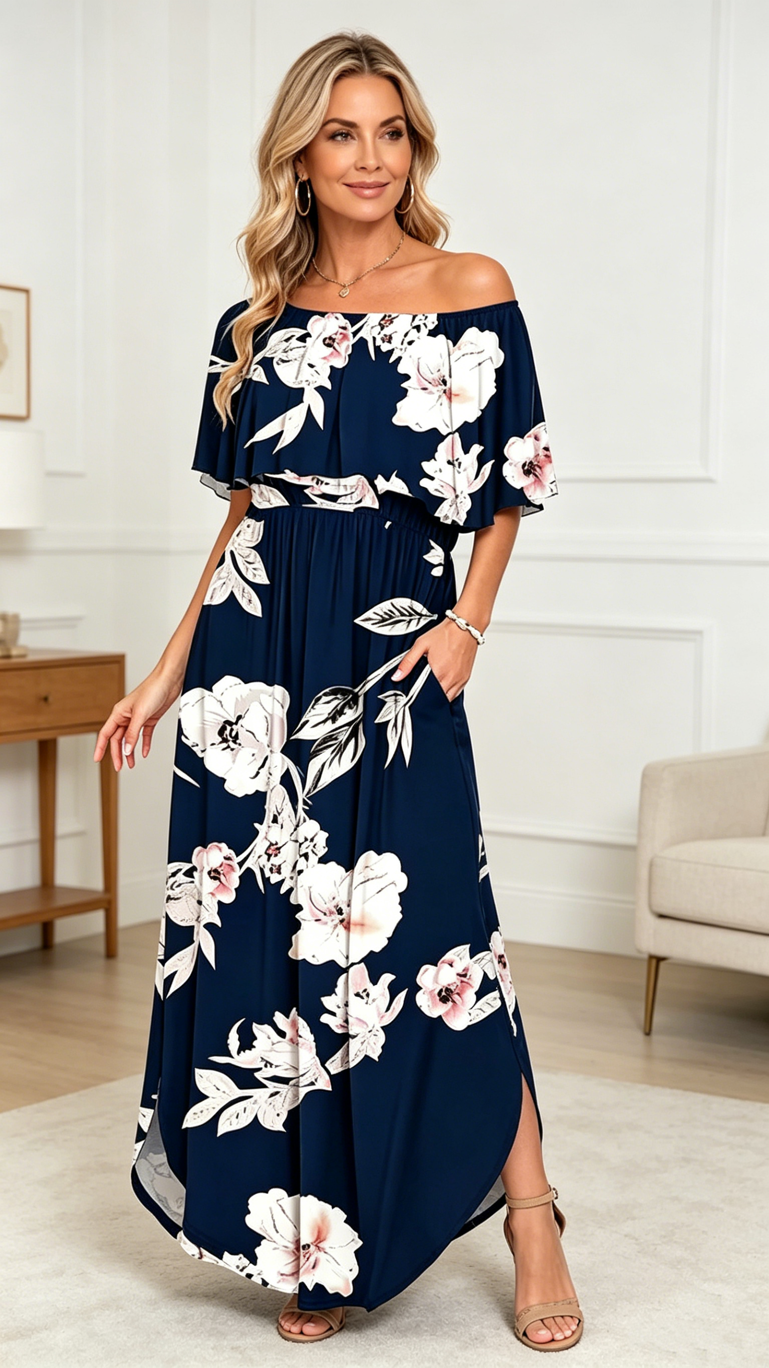 Women’s Off-Shoulder Boho Maxi Dress with Ruffle Sleeves & Side Slit(Buy 2 Free Shipping)