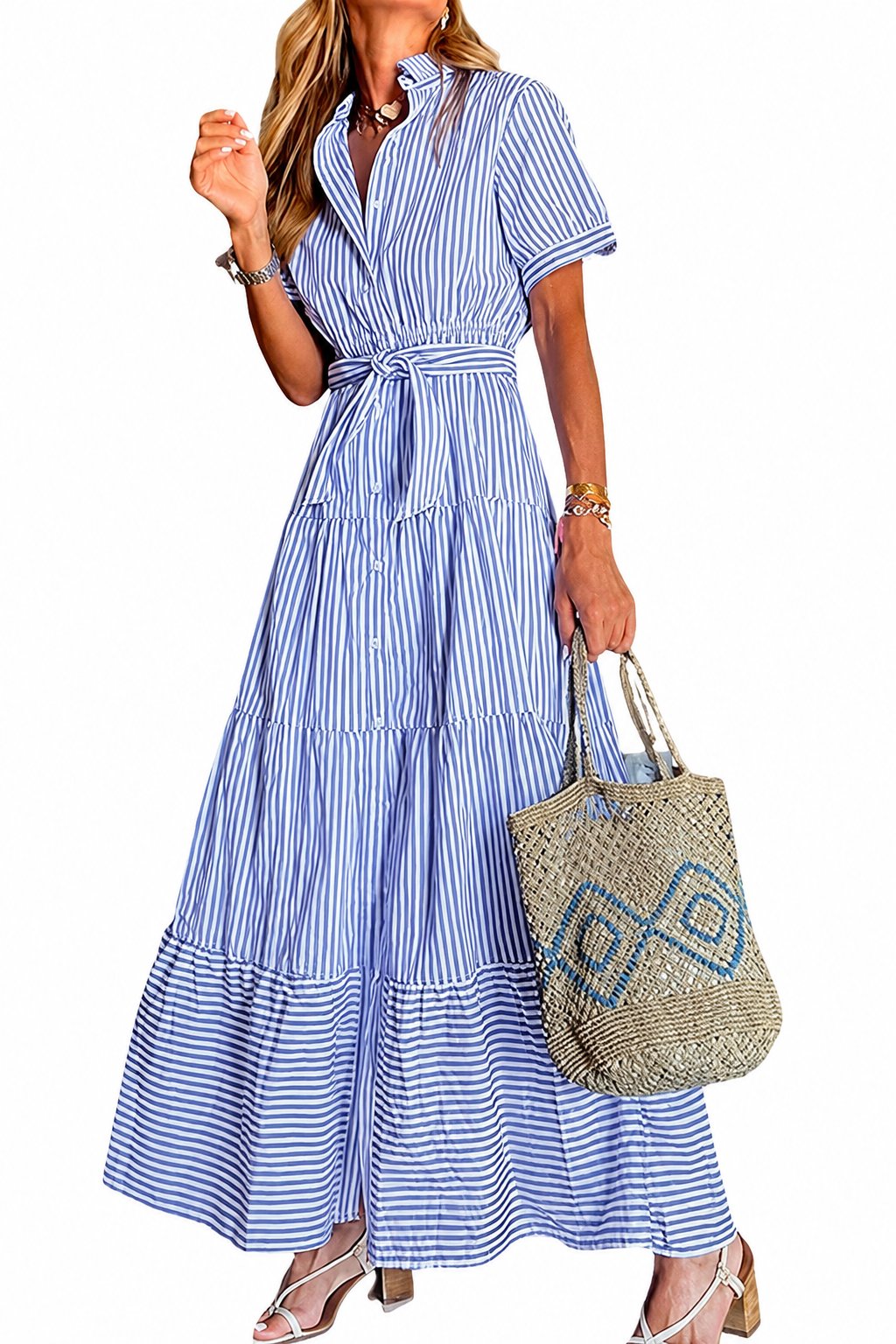 Women’s Striped Button-Front Tiered Maxi Dress