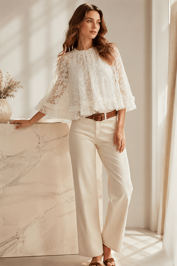 Women's Lace Sheer Top — Semi-Sheer, Draped, Openwork Shirt (Ruffled Sleeves)