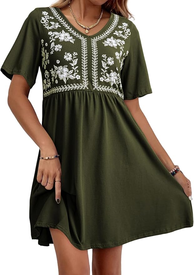 Floral Embroidered V-Neck Short Sleeve Casual A-Line Dress