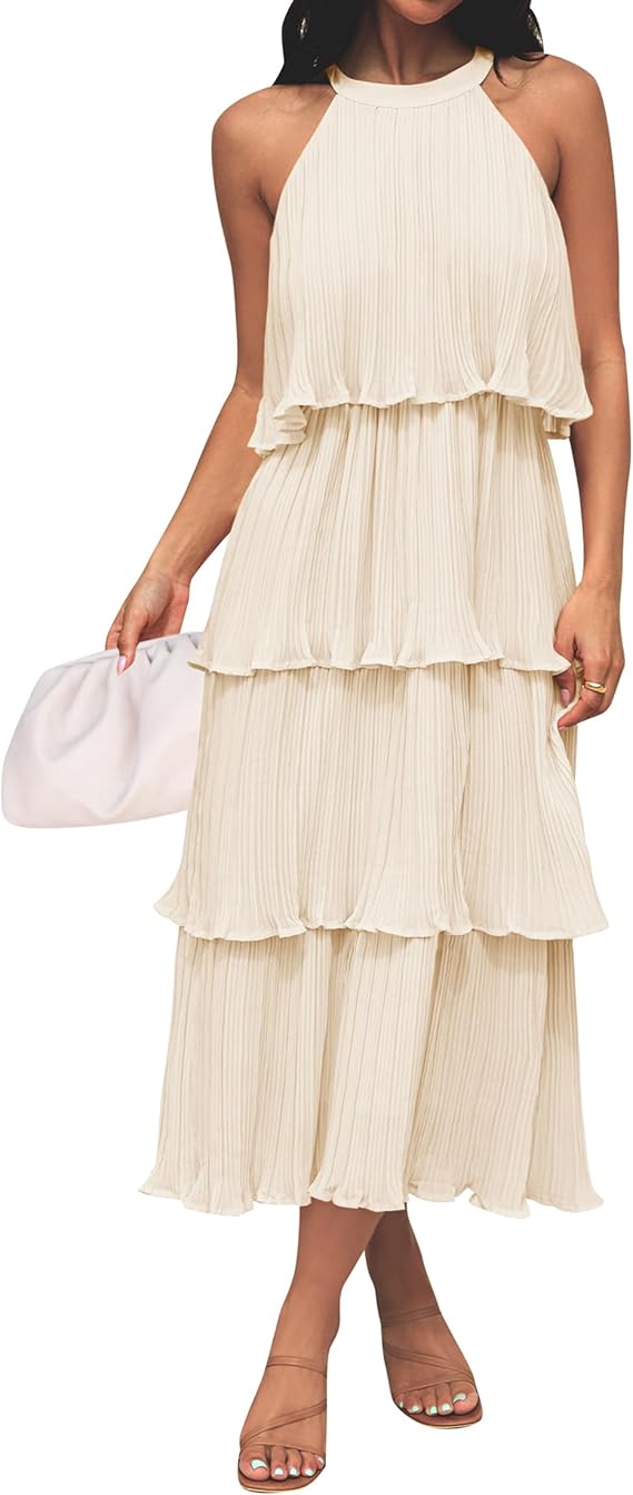 Halter Neck Tiered Pleated Midi Dress