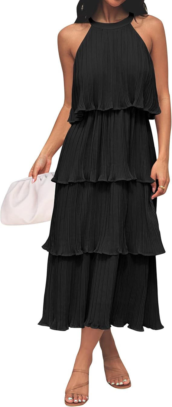 Halter Neck Tiered Pleated Midi Dress