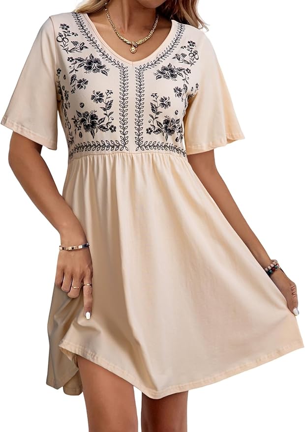Floral Embroidered V-Neck Short Sleeve Casual A-Line Dress